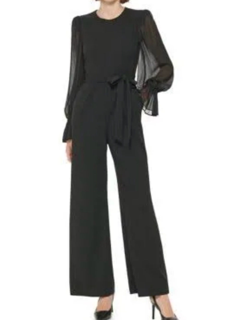 Calvin Klein Black Jumpsuit with Sheer Bishop Sleeves and Tie Waist